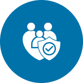 Family with shield icon on blue background.