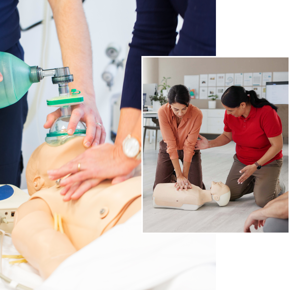CPR training with mannequin demonstrations.
