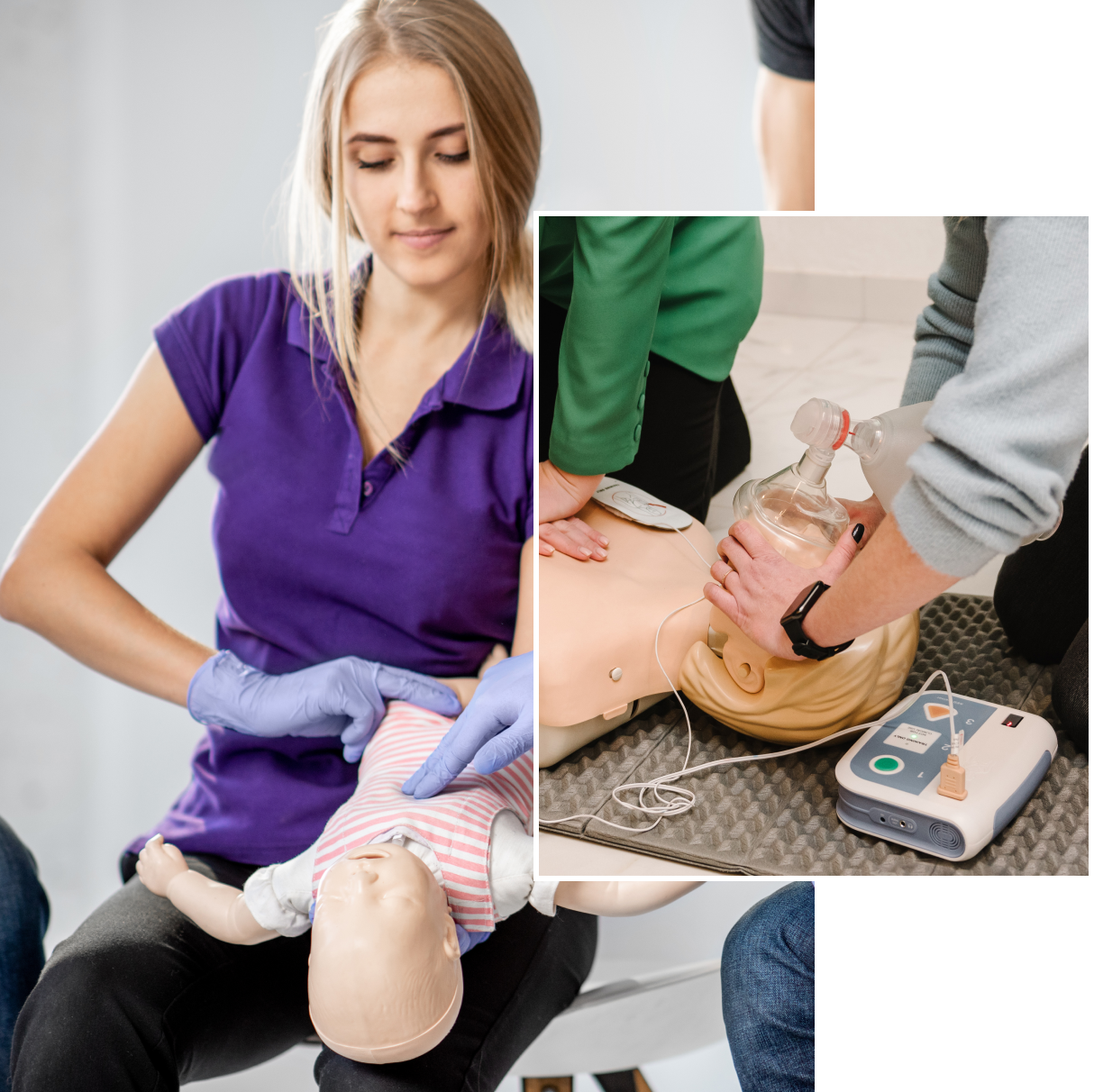 Woman practicing CPR on baby mannequin.
