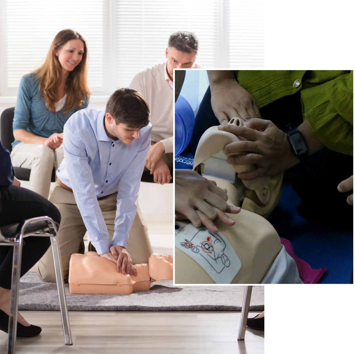 CPR training session with practice mannequins.